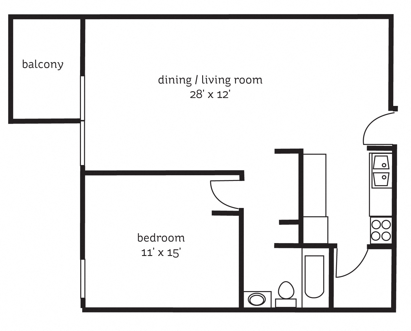 Floor plan for 1 bed, 1 bath, 760 sqft